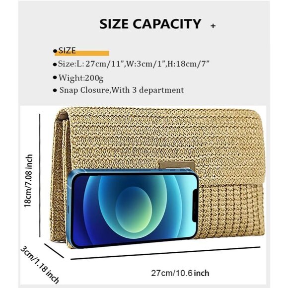 Apricot Summer Straw Clutch Women's Rattan Beach Bag with Snap Closure - Picture 6 of 8